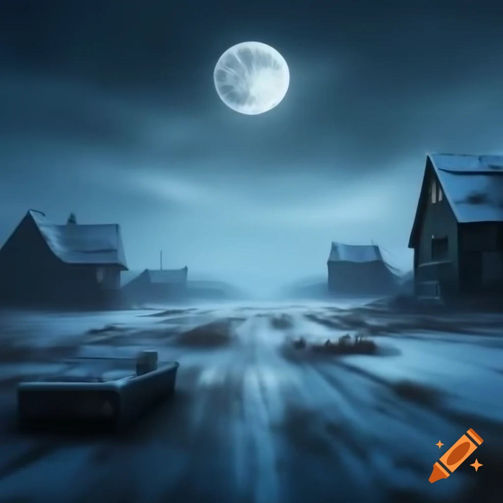 Frozen wasteland with snow drifts and abandoned houses under full moon