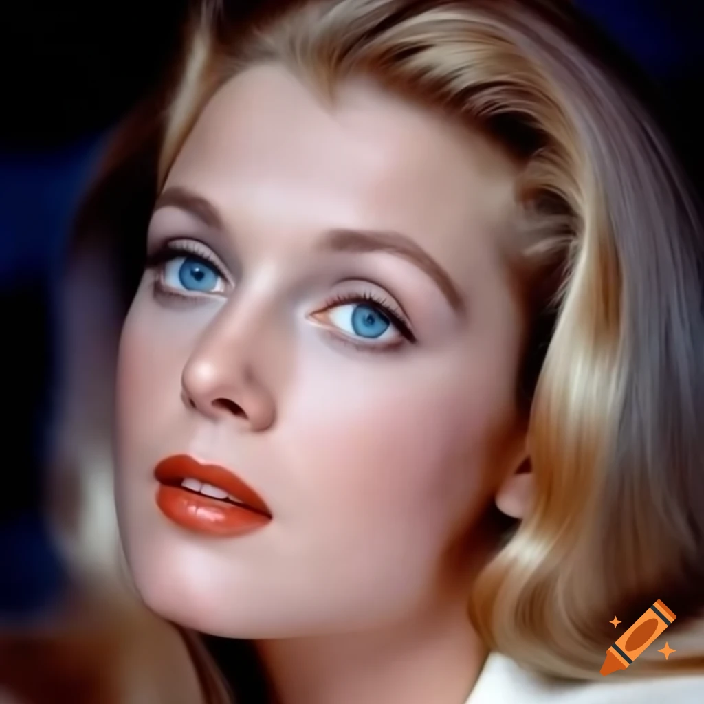 Hyper-realistic portrait of a beautiful European actress from 1963 with porcelain skin and blue eyes