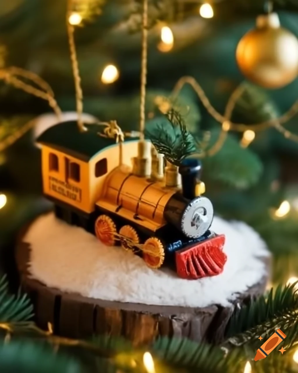 Miniature toy train circling beneath Christmas lights on emerald green tree