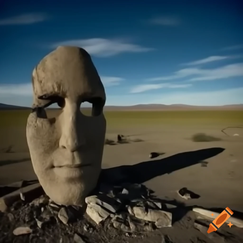 Stone half-destroyed face in green plains