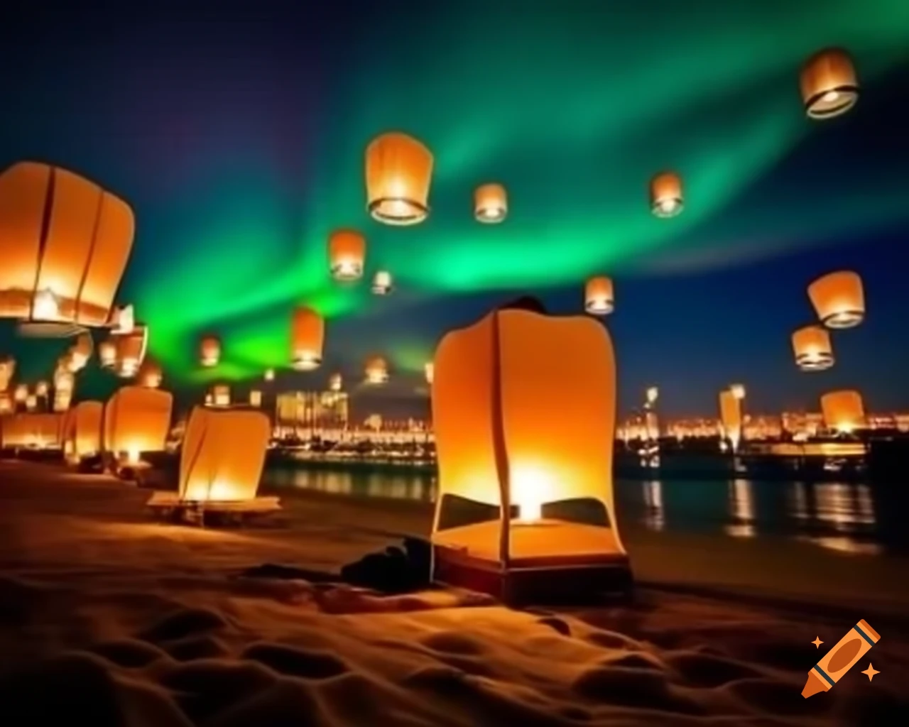 Oriental Floating Lantern Festival On Beach At Night With Northern oriental-floating-lantern-festival-on-beach-at-night-with-northern
