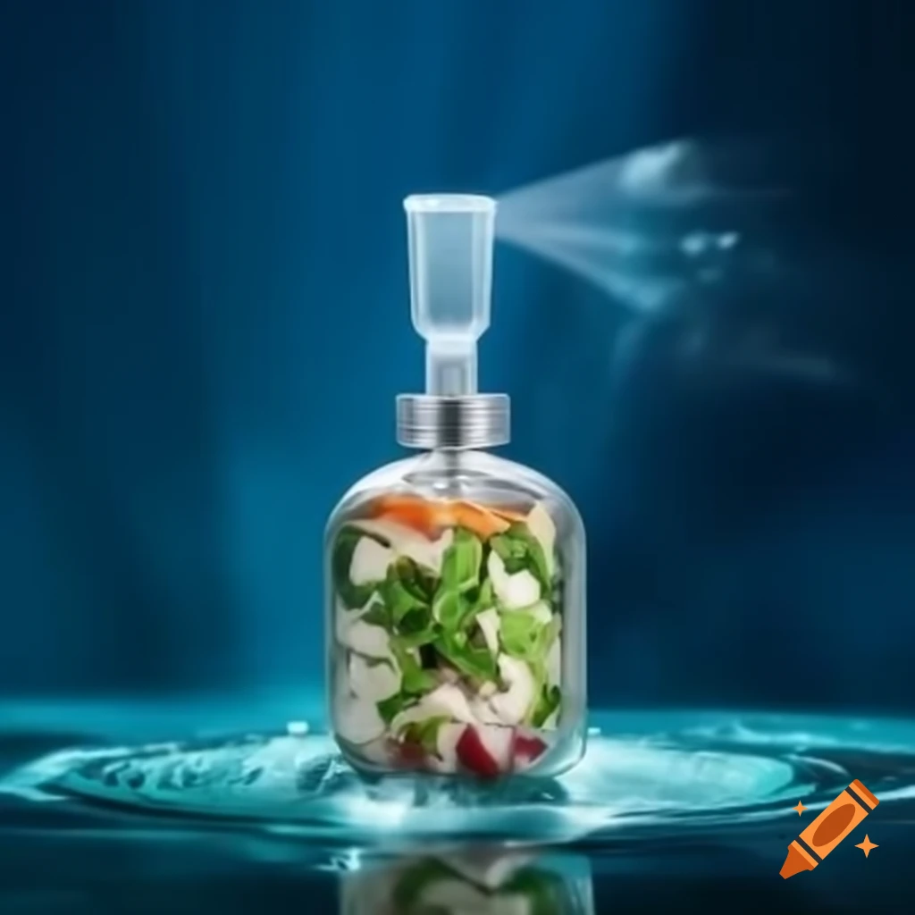 Futuristic radiant glass spray bottle with bio-enhanced air mister and fermented food printer