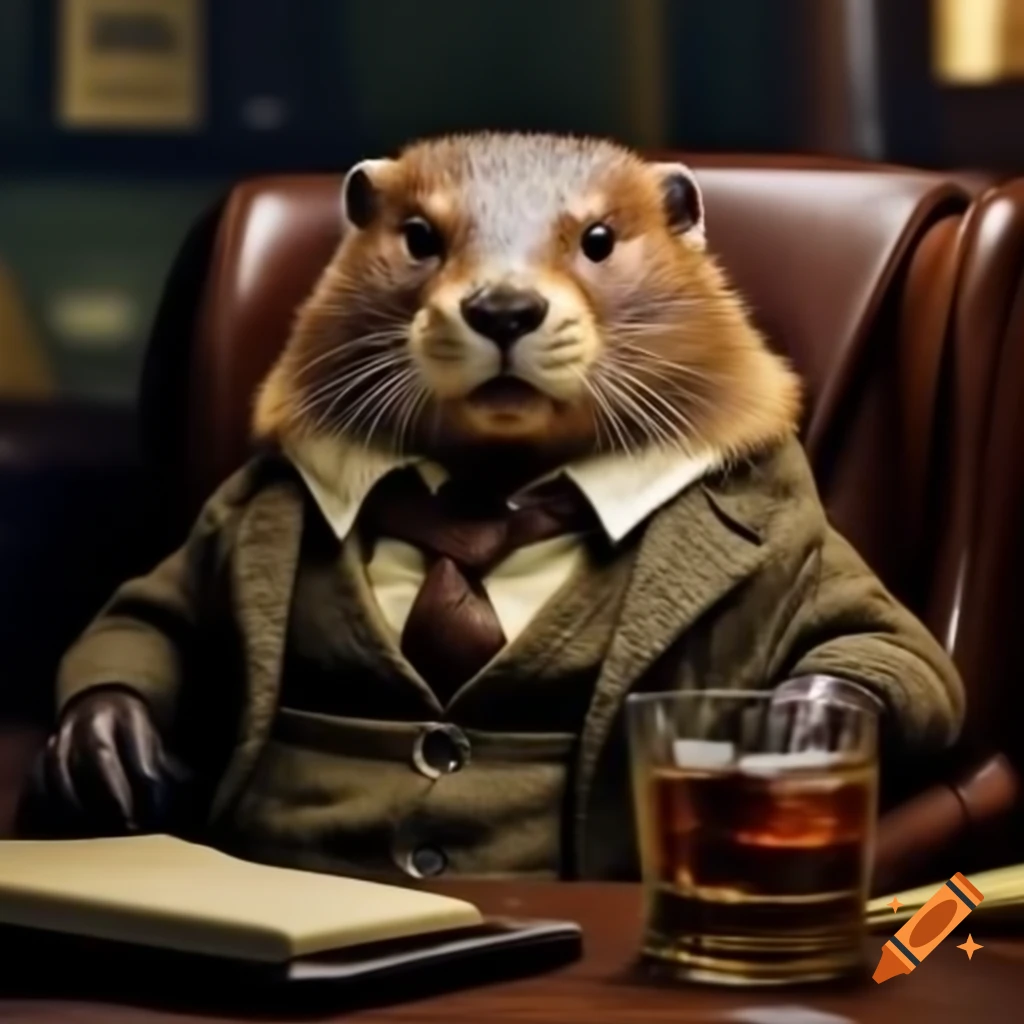 Beaver in tweed seated in wingback chair drinking whiskey and working in study