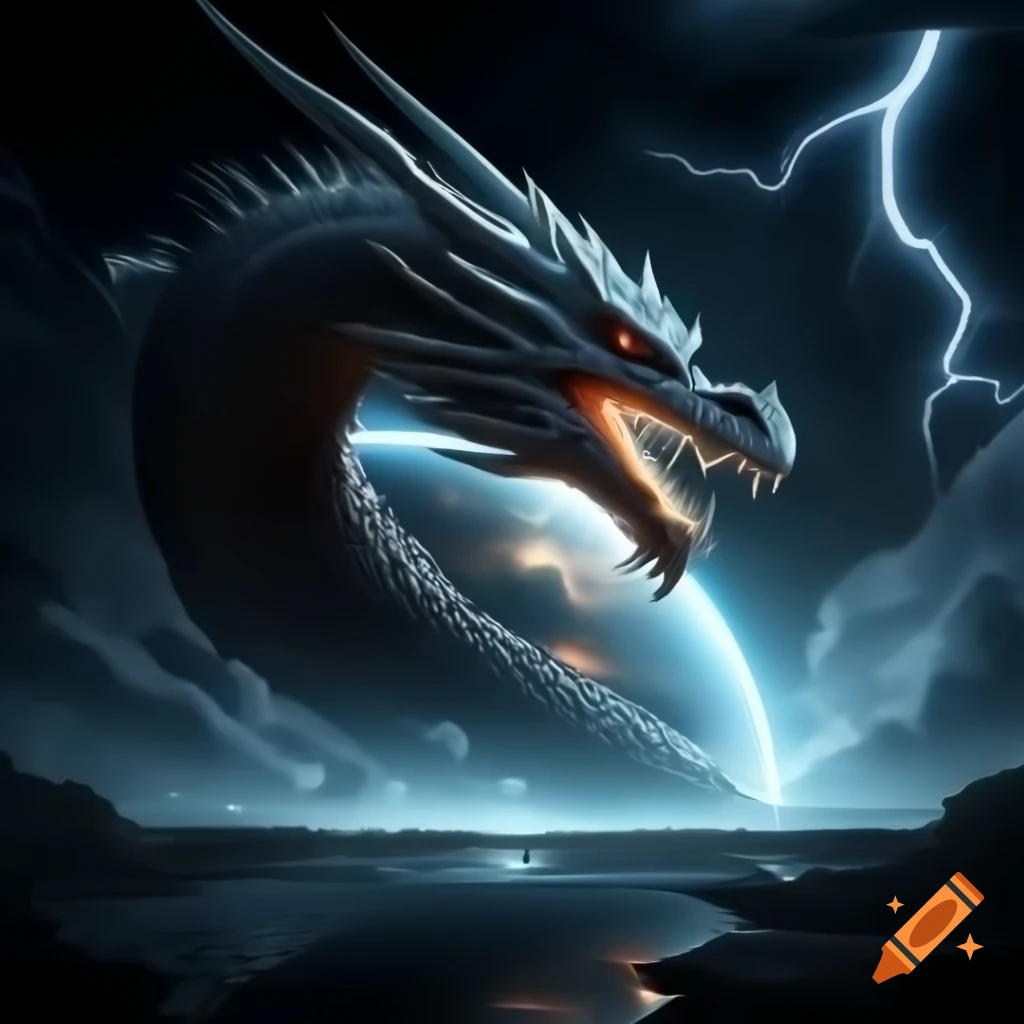 Ultra-realistic Asian dragon made of lightning, larger than planet, vibrant electric arcs