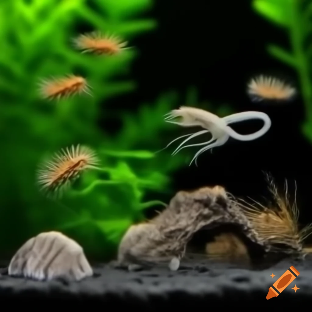 Invertebrates swimming in freshwater aquarium