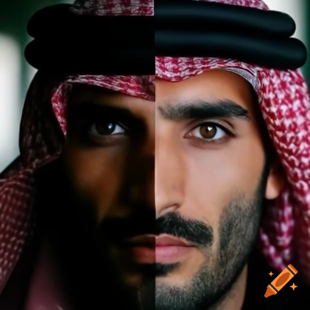 Saudi man in his twenties, light mustache and beard, front and back views
