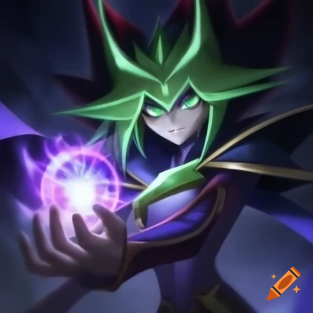 Androgynous sorcerer casting light spell in Yu-Gi-Oh style