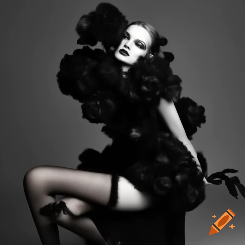 Fashion model in black dress with rose pattern posing thoughtfully