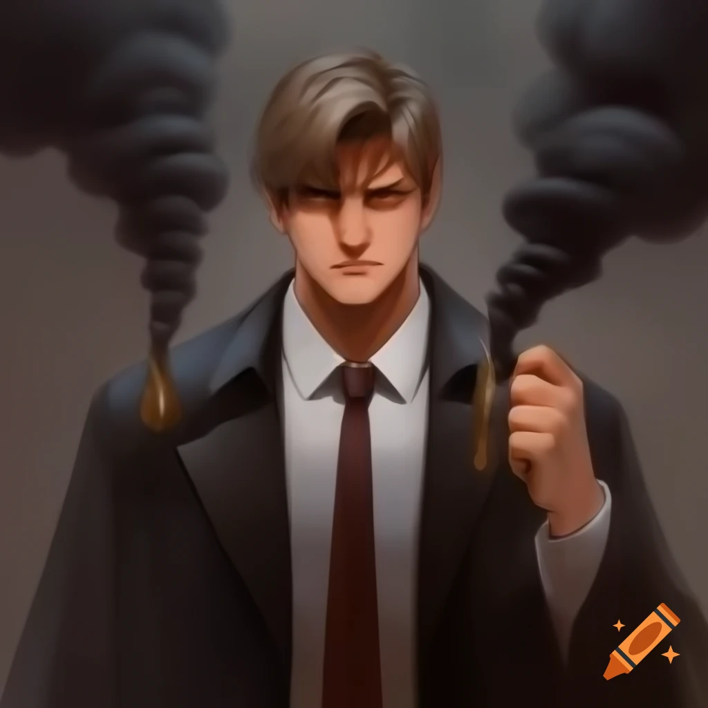 Anime illustration of a mid-thirties lawyer enjoying a smoke