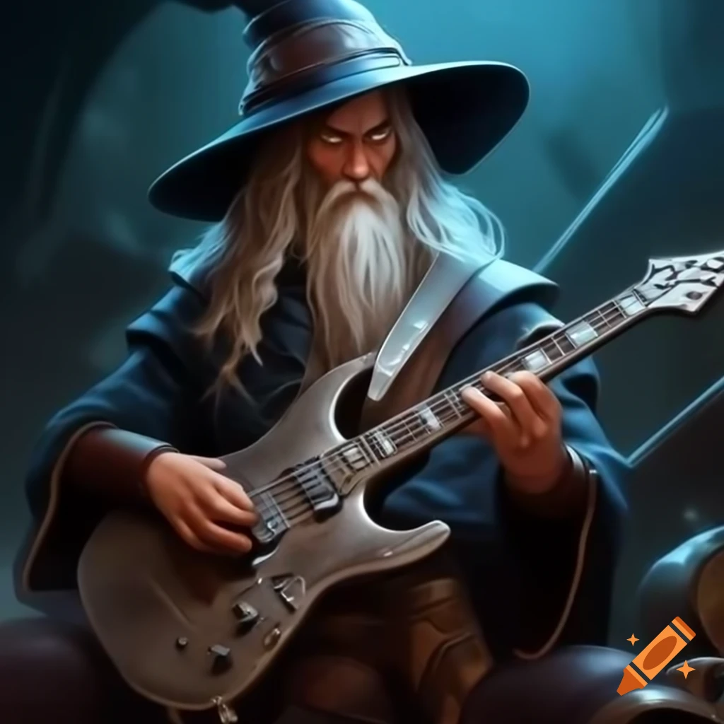 Wizard playing heavy metal electric guitar