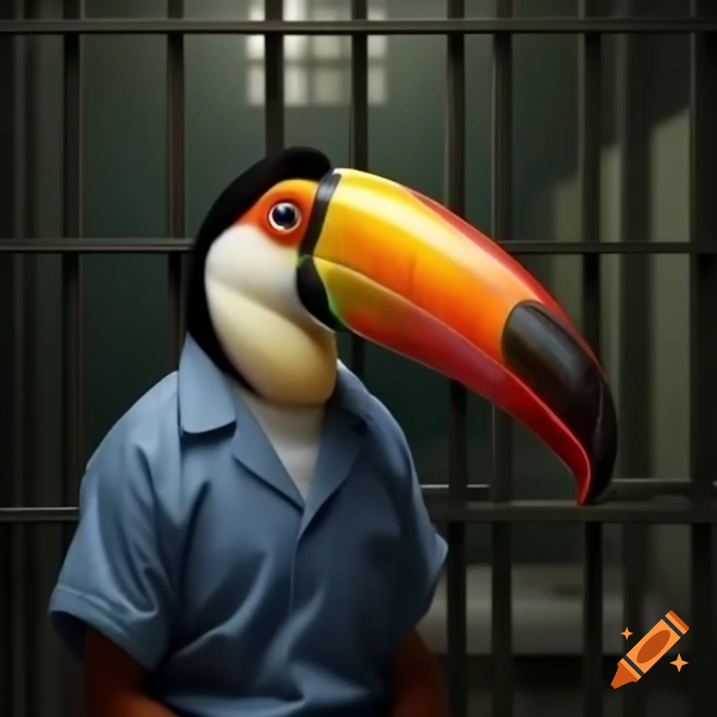 Human body with toucan head dressed in jail uniform