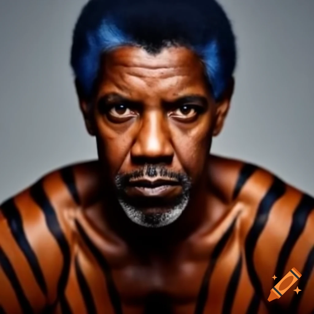 Muscular figure with tiger-style makeup featuring blue hair and orange skin