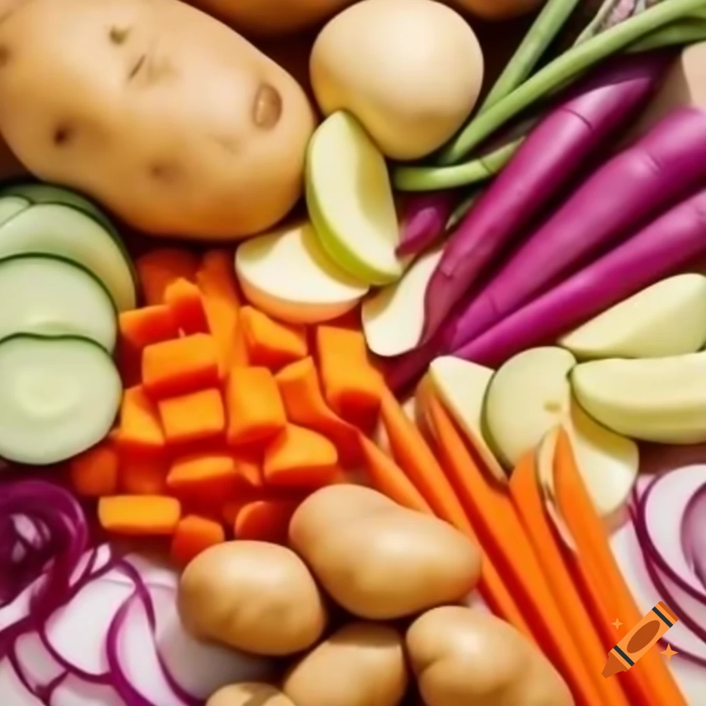 Charcuterie board featuring fresh chopped vegetables like potatoes and carrots