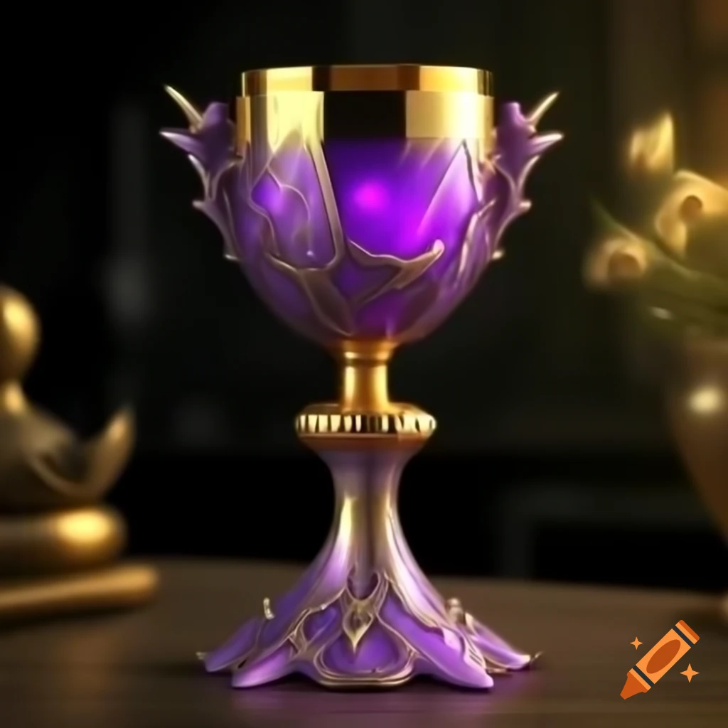 Magical gold chalice on wizard's desk with purple glow