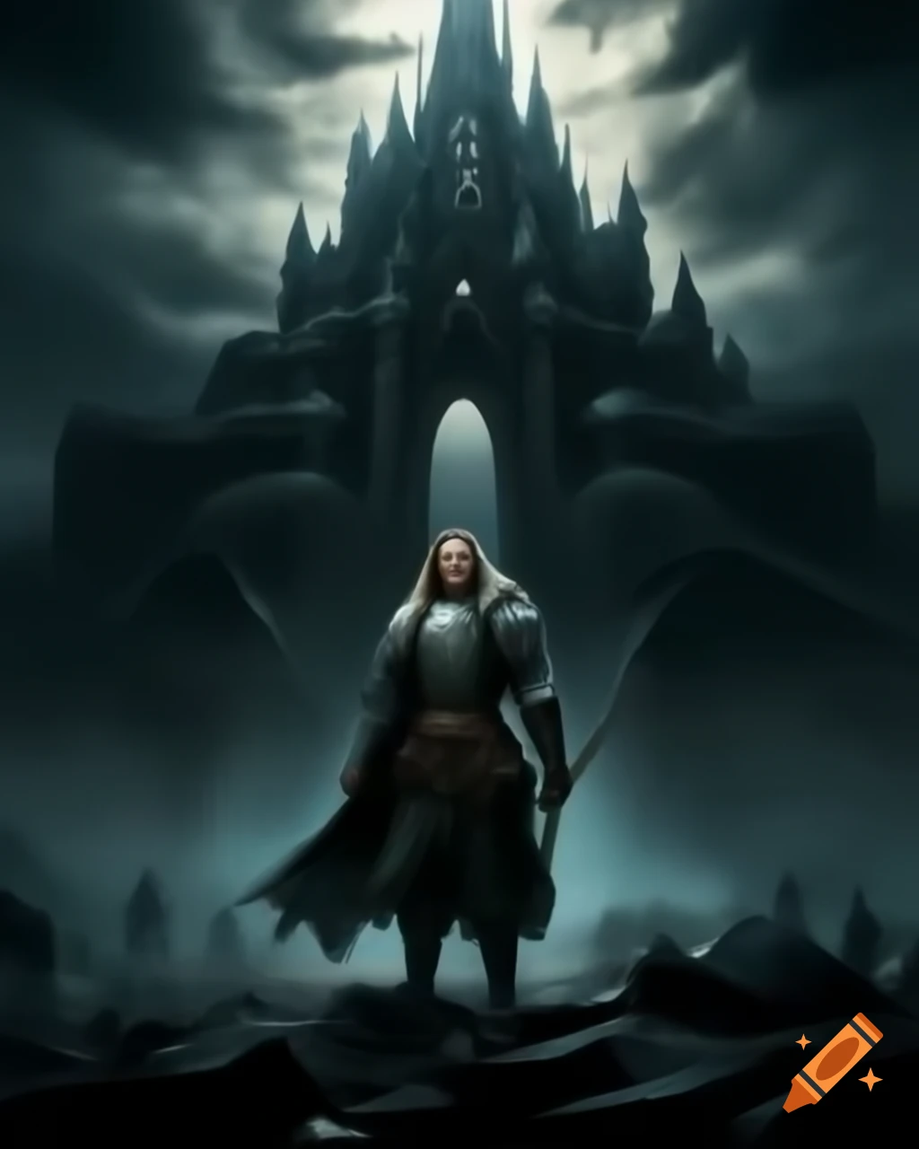 Medieval warrior in heavy armor at dark castle gates, dark fantasy style