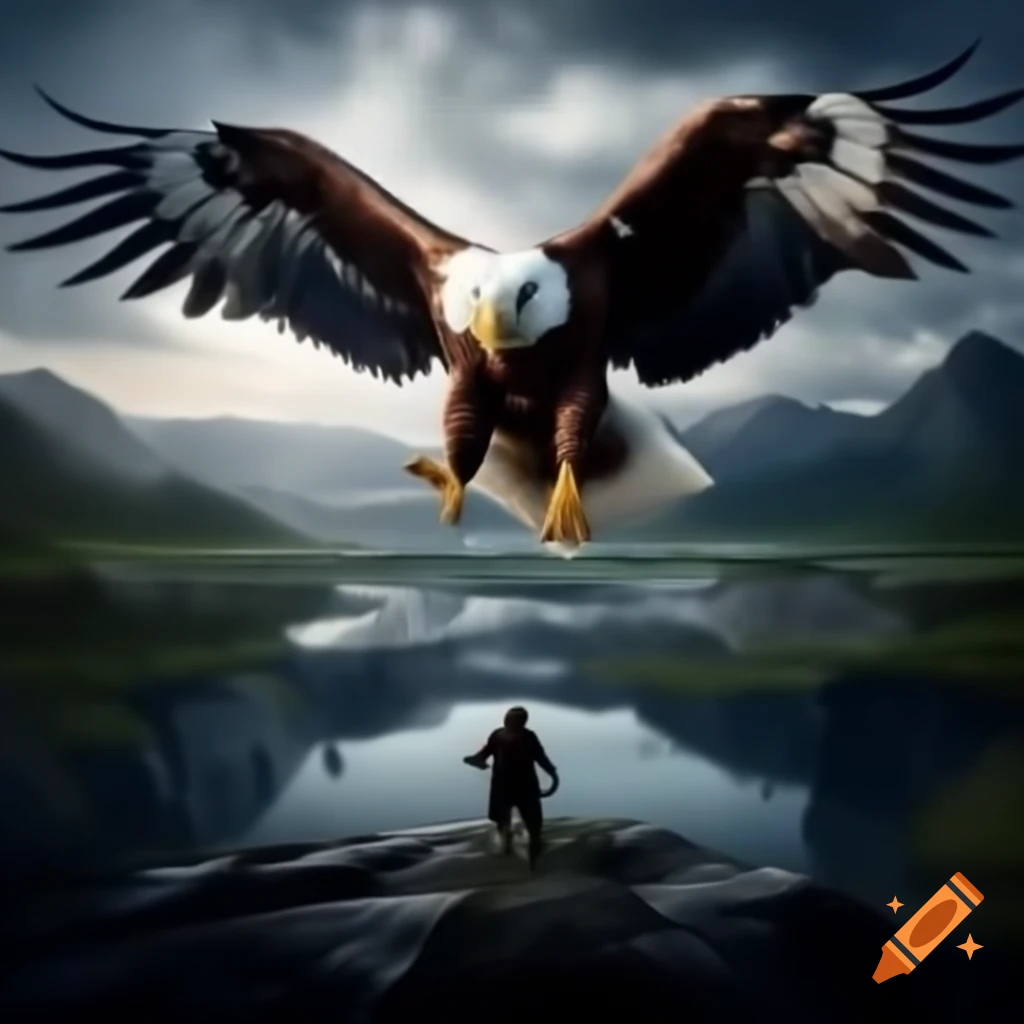 Eagle soaring over landscape with intense gaze