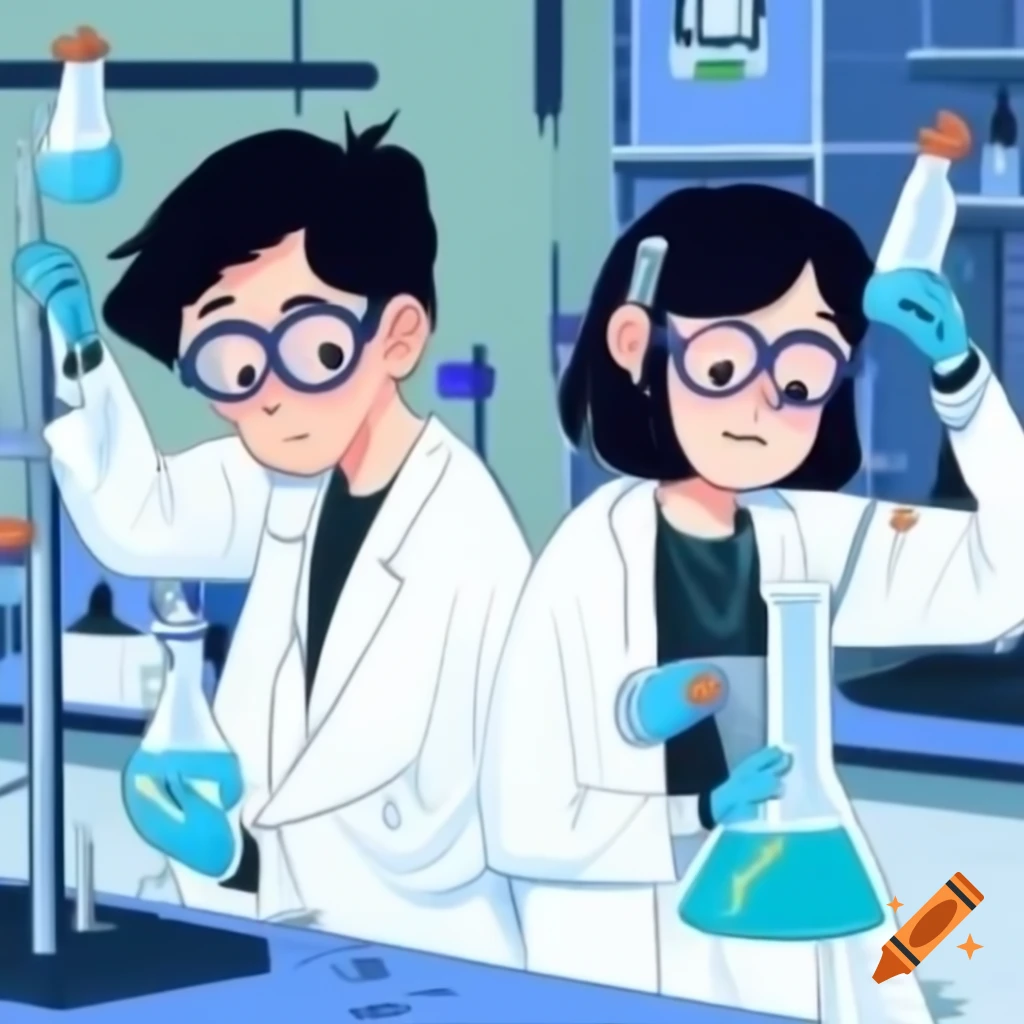 Couple playfully interacting in a laboratory setting inspired by a popular TV series