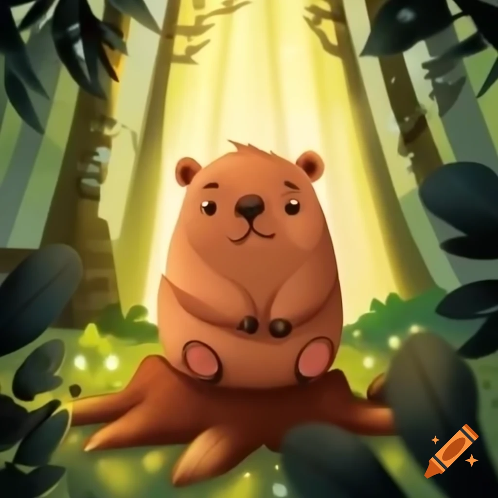 Happy wombat sitting on tree stump in bright forest with sunlight rays