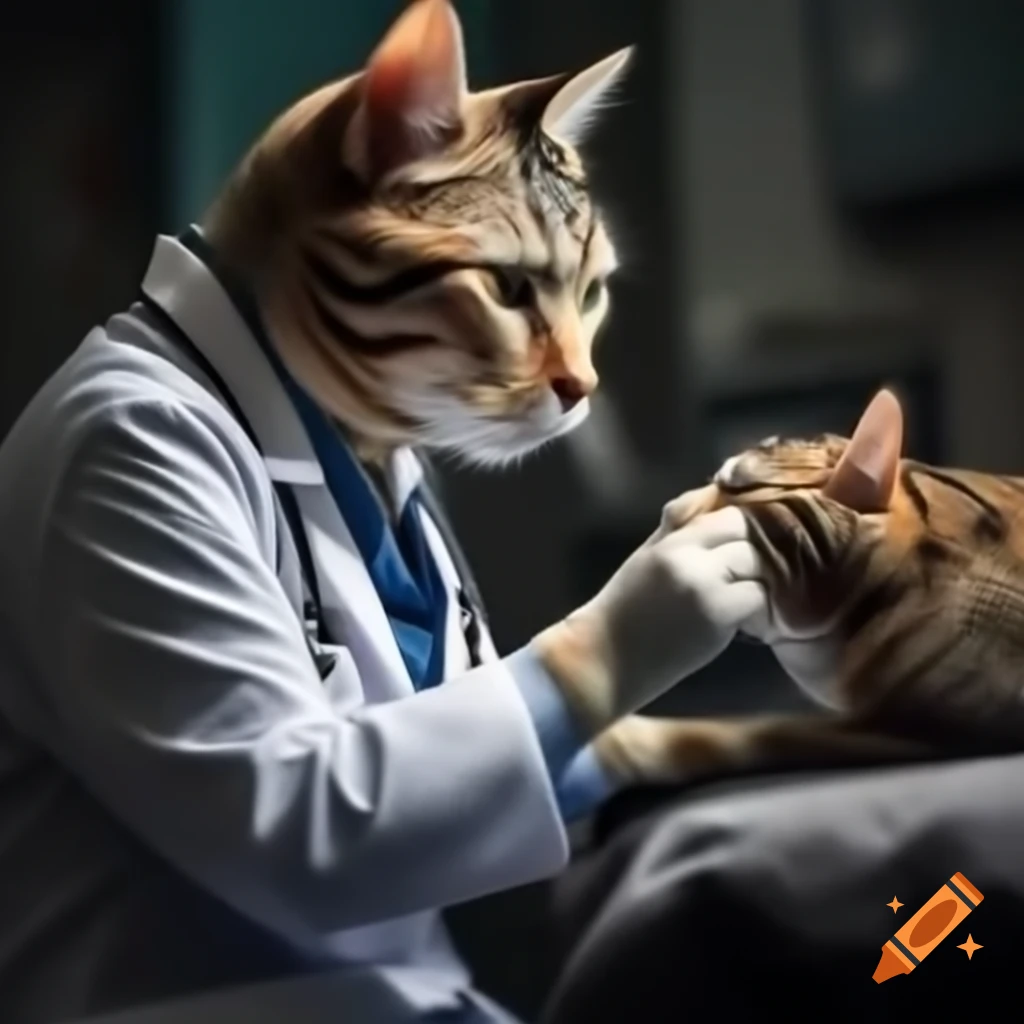 Cat doctor examining human patient in humorous setting