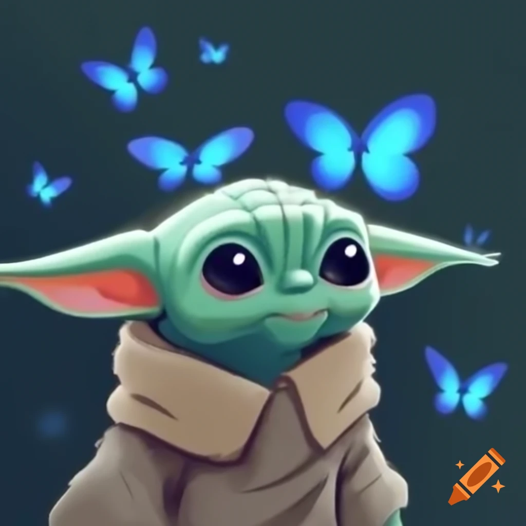 Grogu surrounded by blue butterflies emote