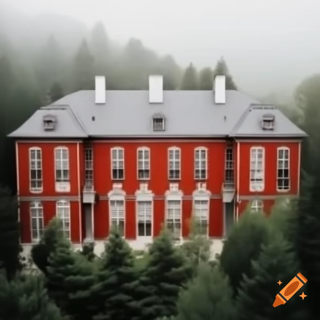 Classical large red building with white roofs in a forest setting