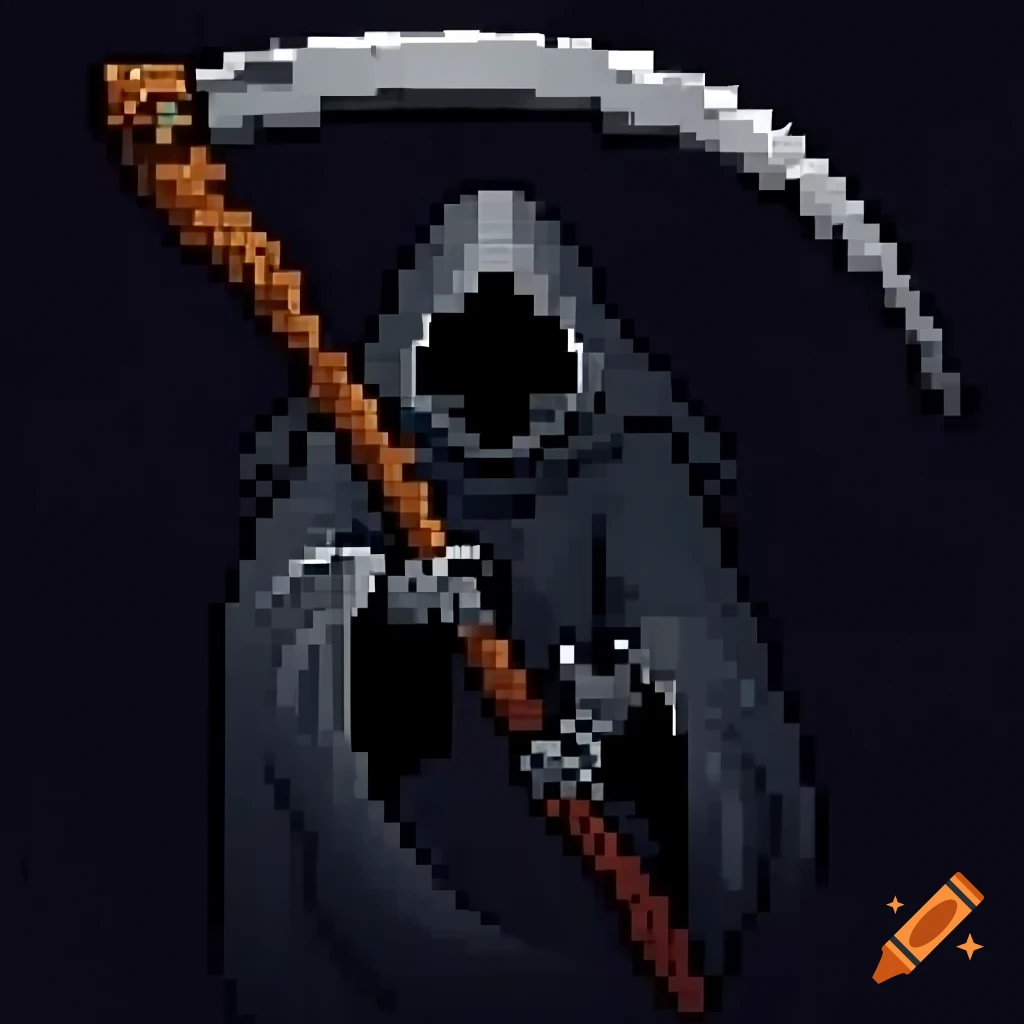Dark pixel art of male Grim Reaper with scythe