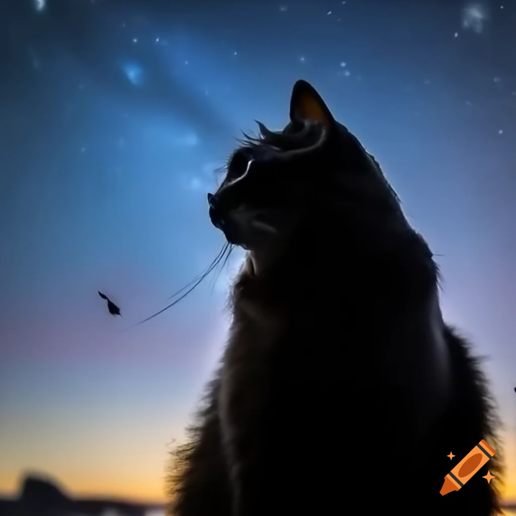 Black shadow cat gazing at starry sky with small black mouse nearby