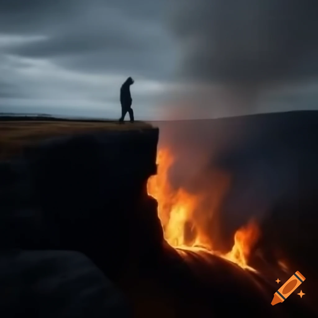 Person on cliff overlooking burning forest and ground