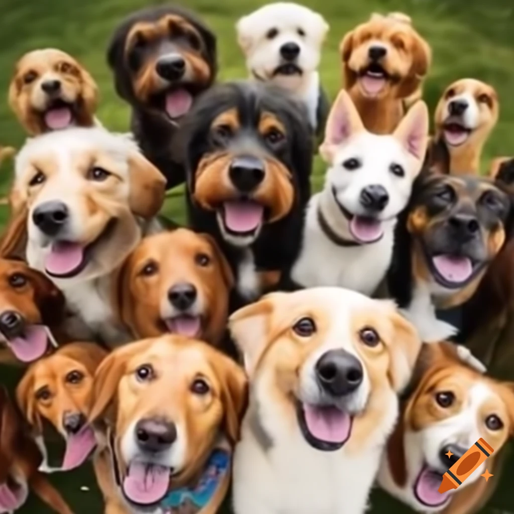 Various happy dog breeds socializing with a dog sitter
