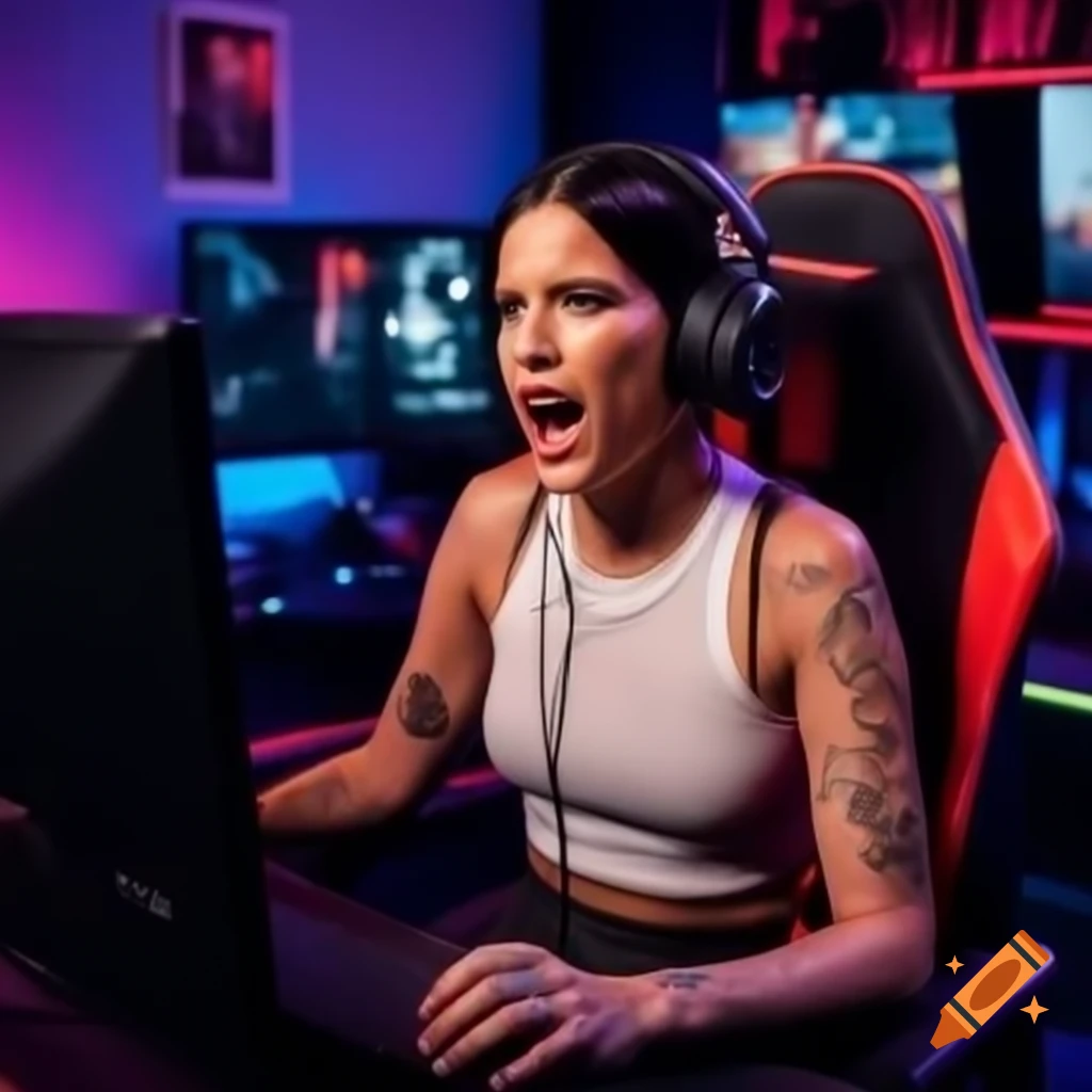 Halsey in gaming setup expressing surprise while falling off chair