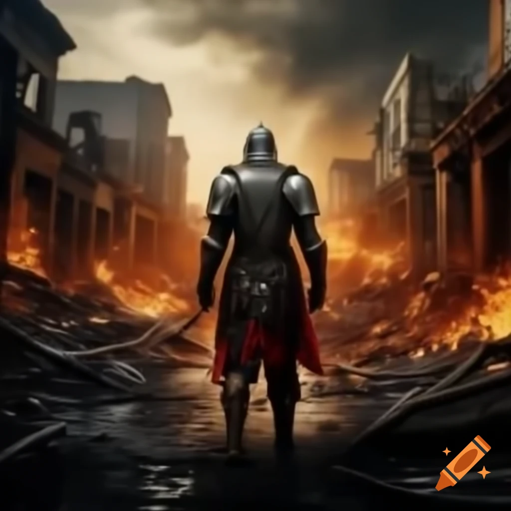 Man in armor standing in burned city next to fire tsunami