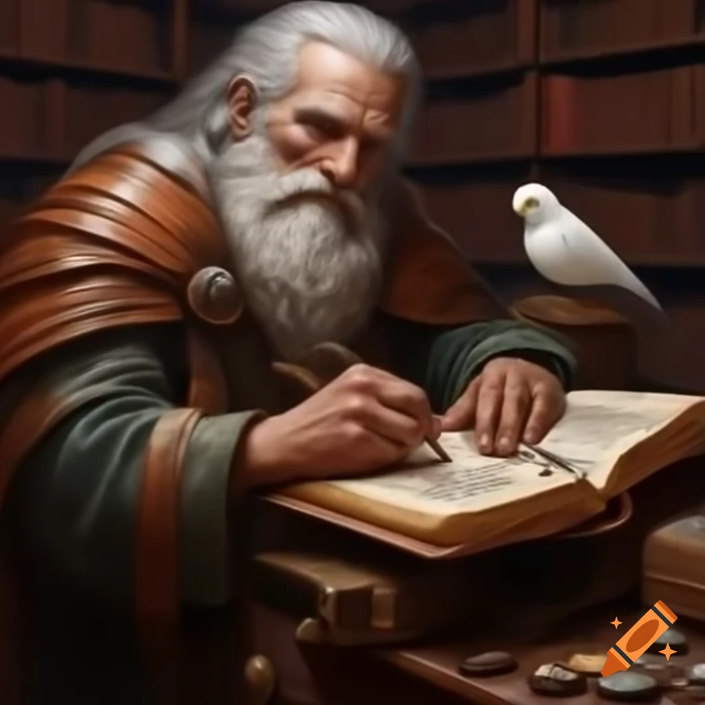 Ancient scholar writing in leather bound book with white bird on shoulder