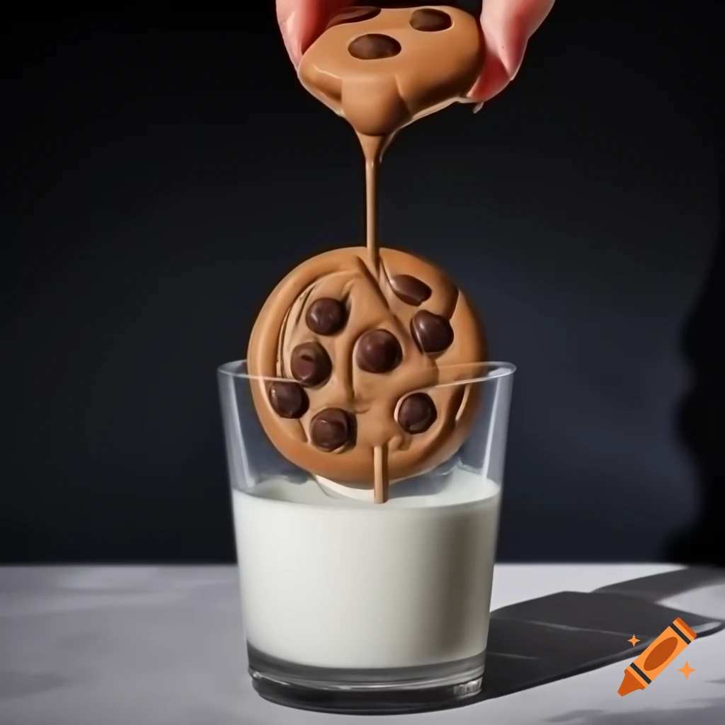 Vivid oil painting of chocolate chip cookie dipped in milk, explosion of flavors