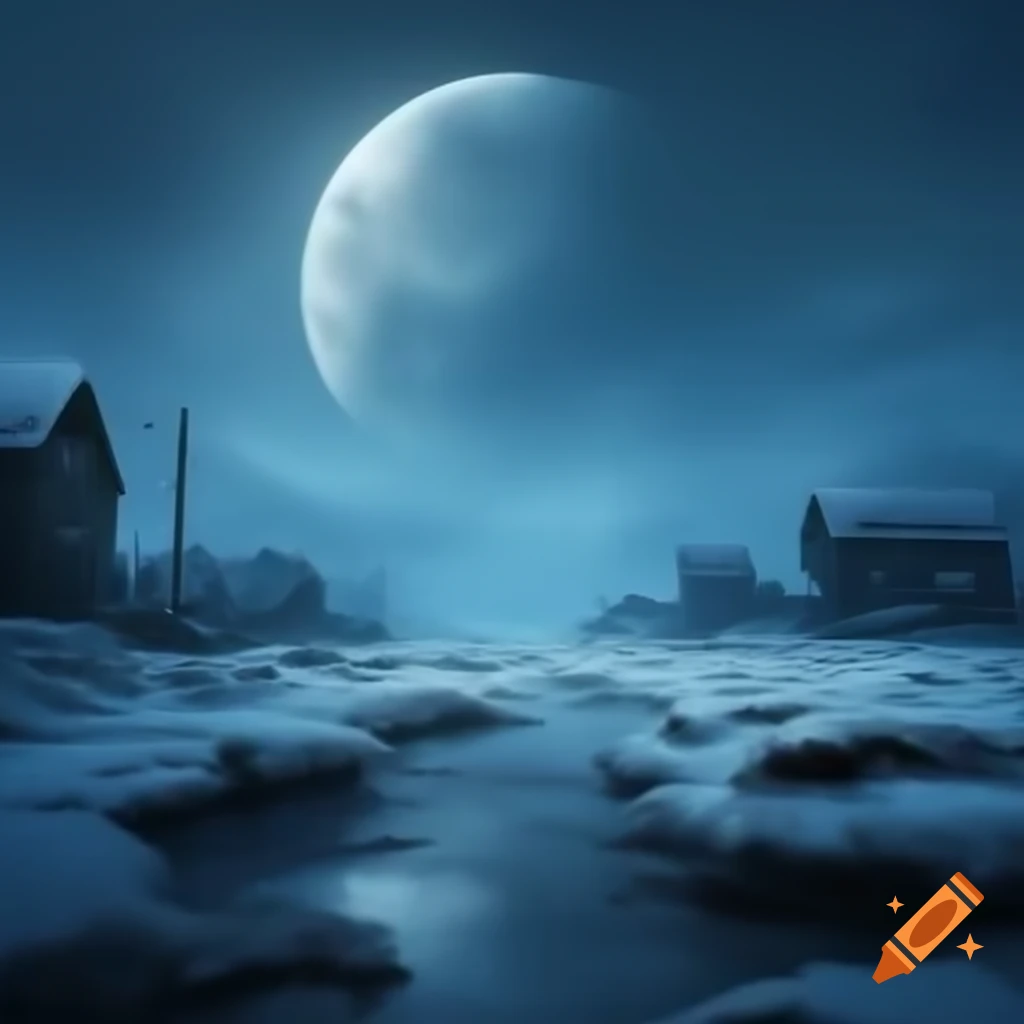 Frozen wasteland with snow drifts and abandoned houses under full moon