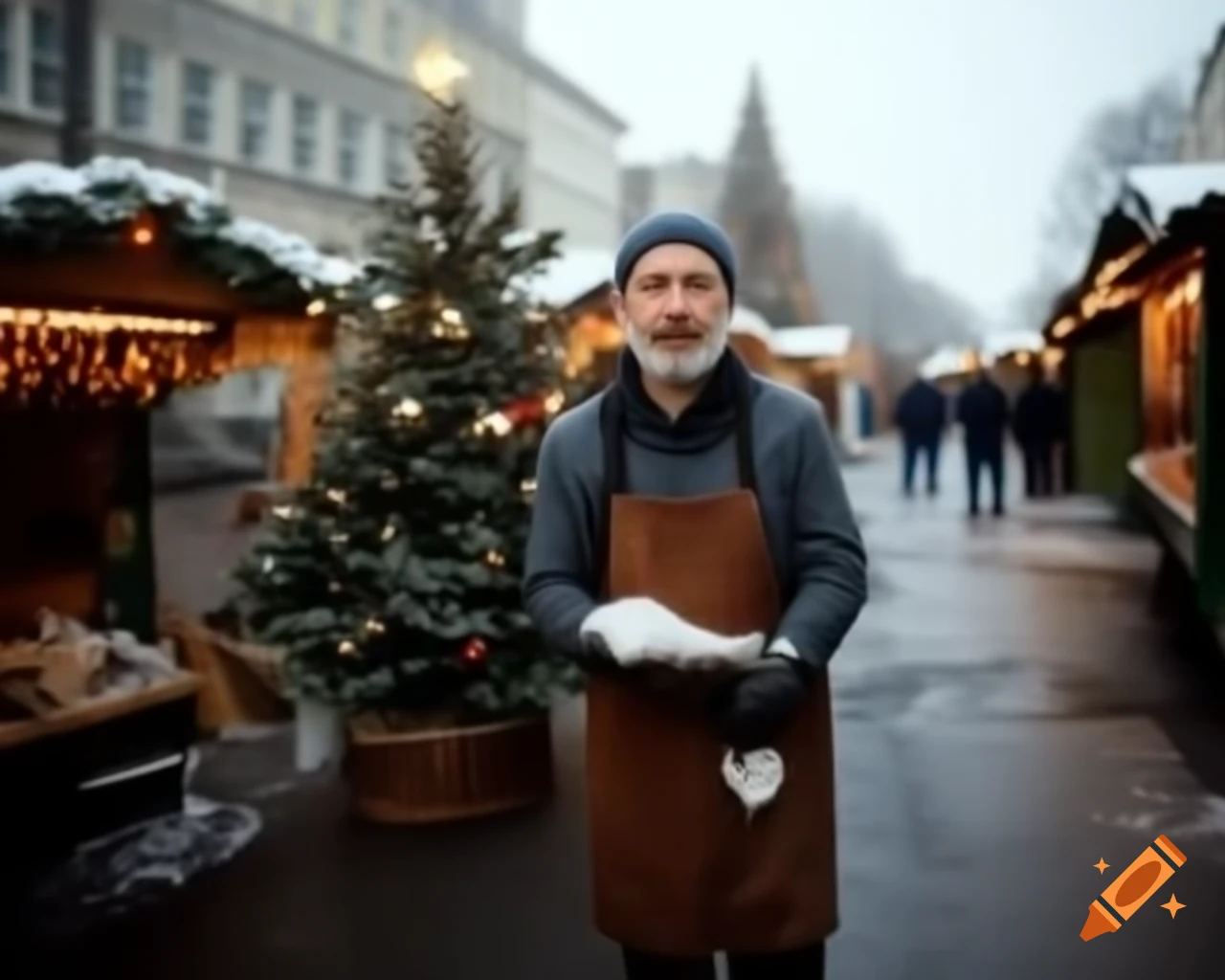 Christmas tree market stand outdoors with snow falling