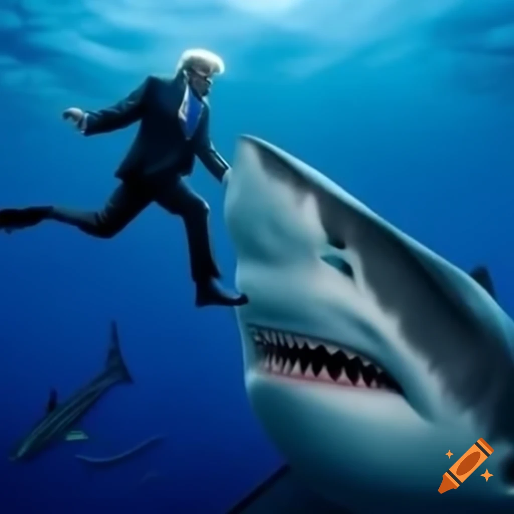 Cartoon scene of a politician being attacked by a shark
