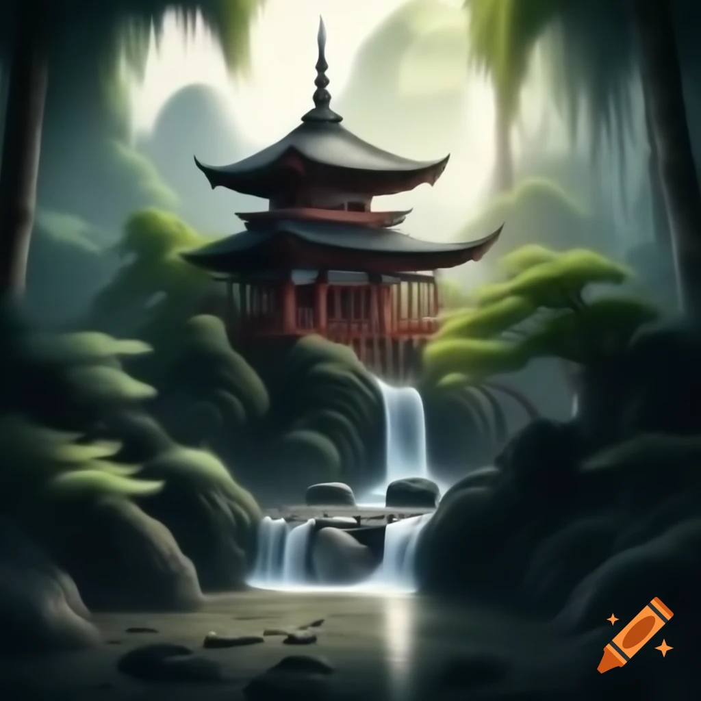 Shinto shrine and pagoda near a waterfall in a bamboo forest