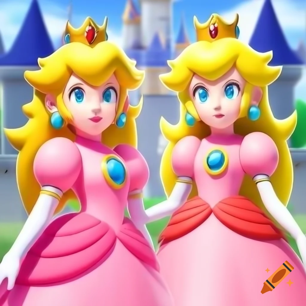 Princess Peach and Link in pink ballgowns at castle backdrop, video game art