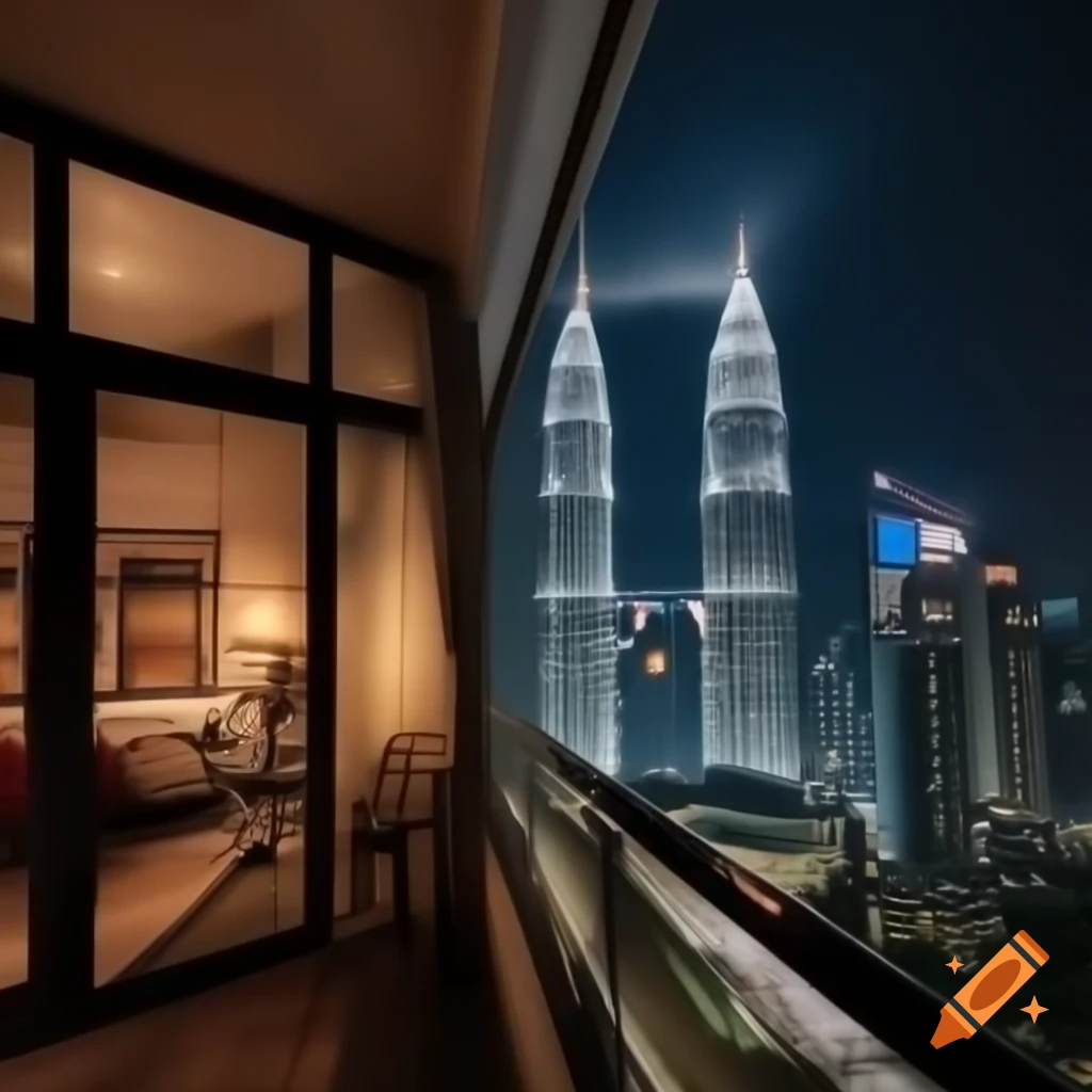 Cozy hotel bedroom with view of Kuala Lumpur twin towers at night