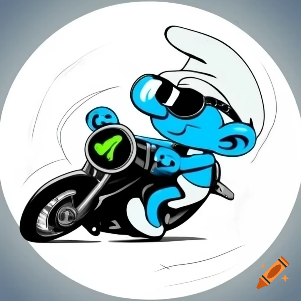 Cartoon smurf riding black motorcycle with sunglasses on white background