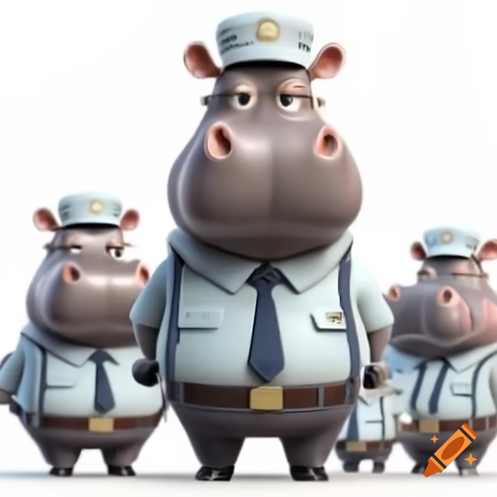 3D cartoon hippos in tax officer uniforms on white background