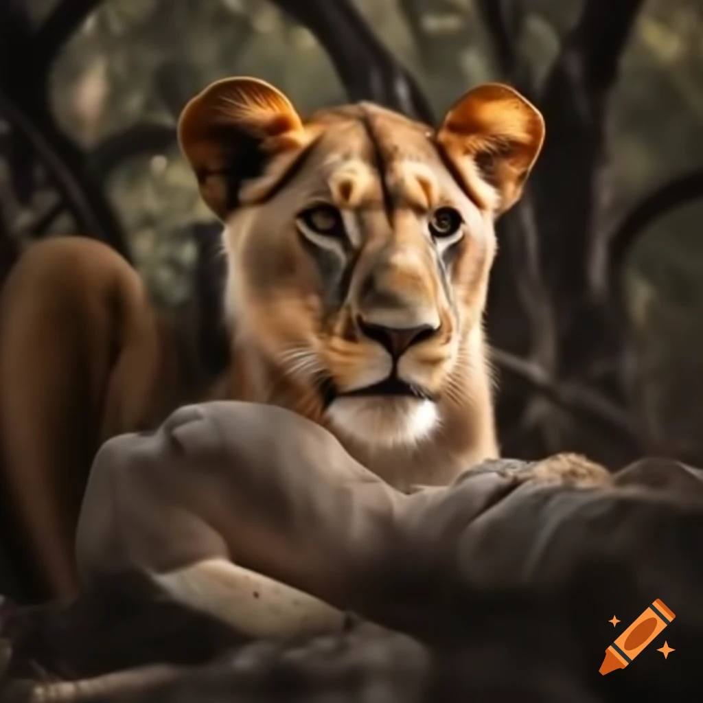 Lion in the jungle eating prey