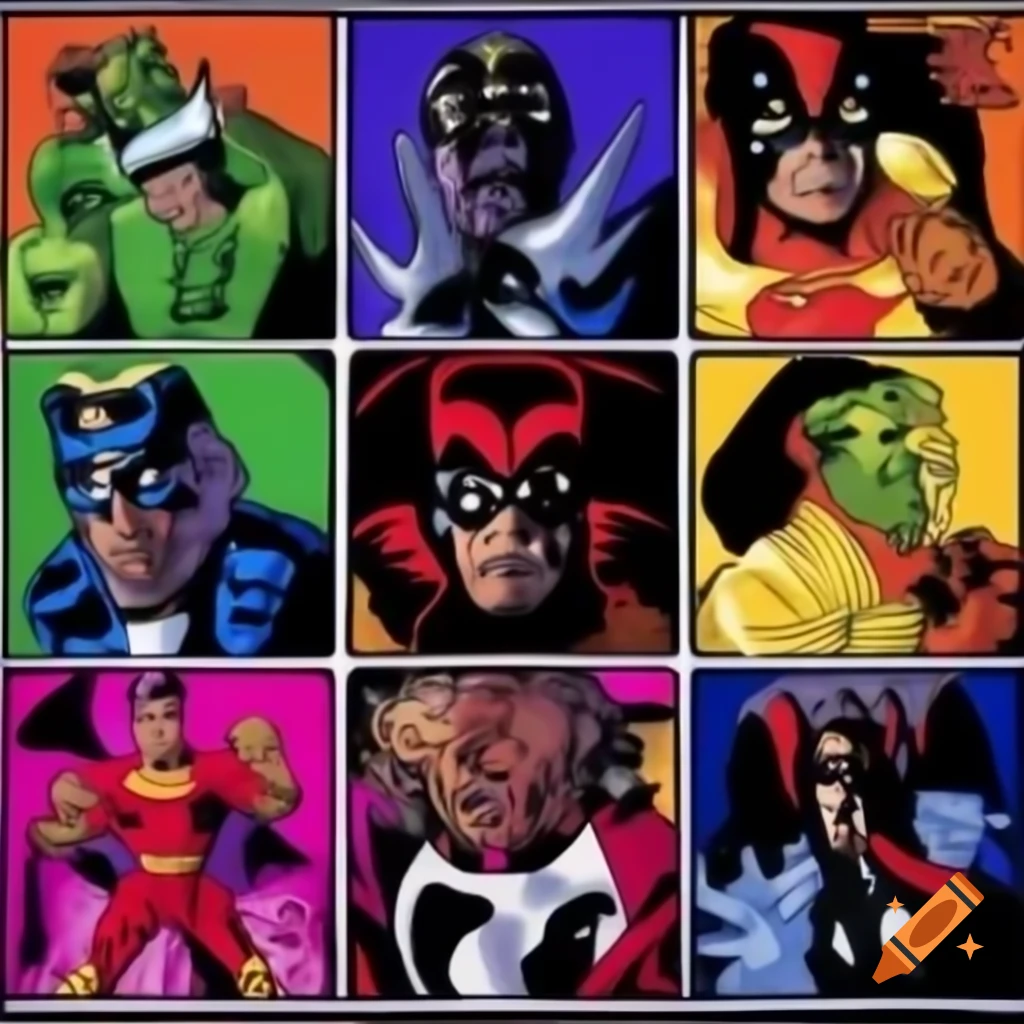 Line-up of nine superheroes inspired by Divine Nine Black Greek-letter organizations, 1990s comic style