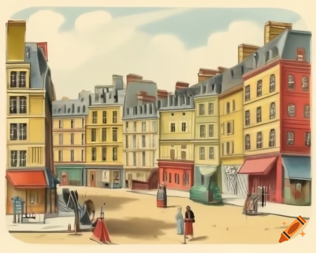 Antique colored drawing of Paris in the early 1800s