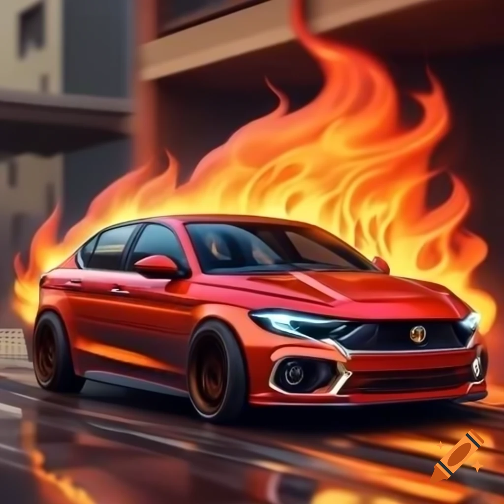 3D cartoon race car with fire from exhaust and a blonde child in modern clothing