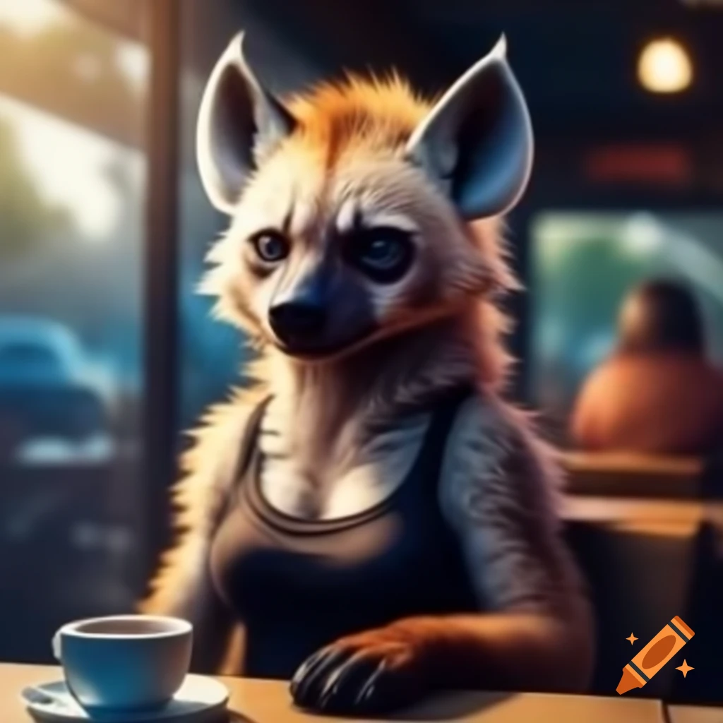 Anthro hyena in a tight top sitting at café on sunny day