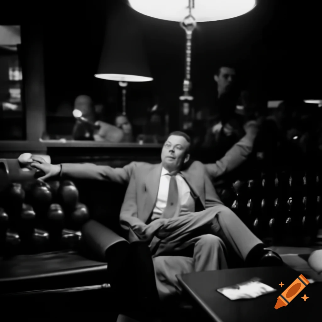 Sleazy diplomat lounging in high-end hotel bar, relaxed posture