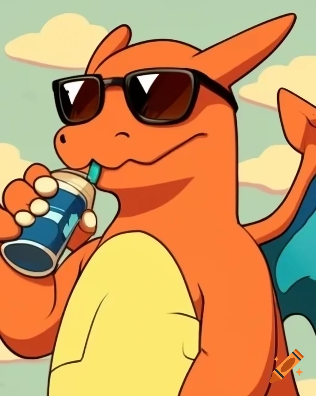 Charizard wearing sunglasses and drinking soda