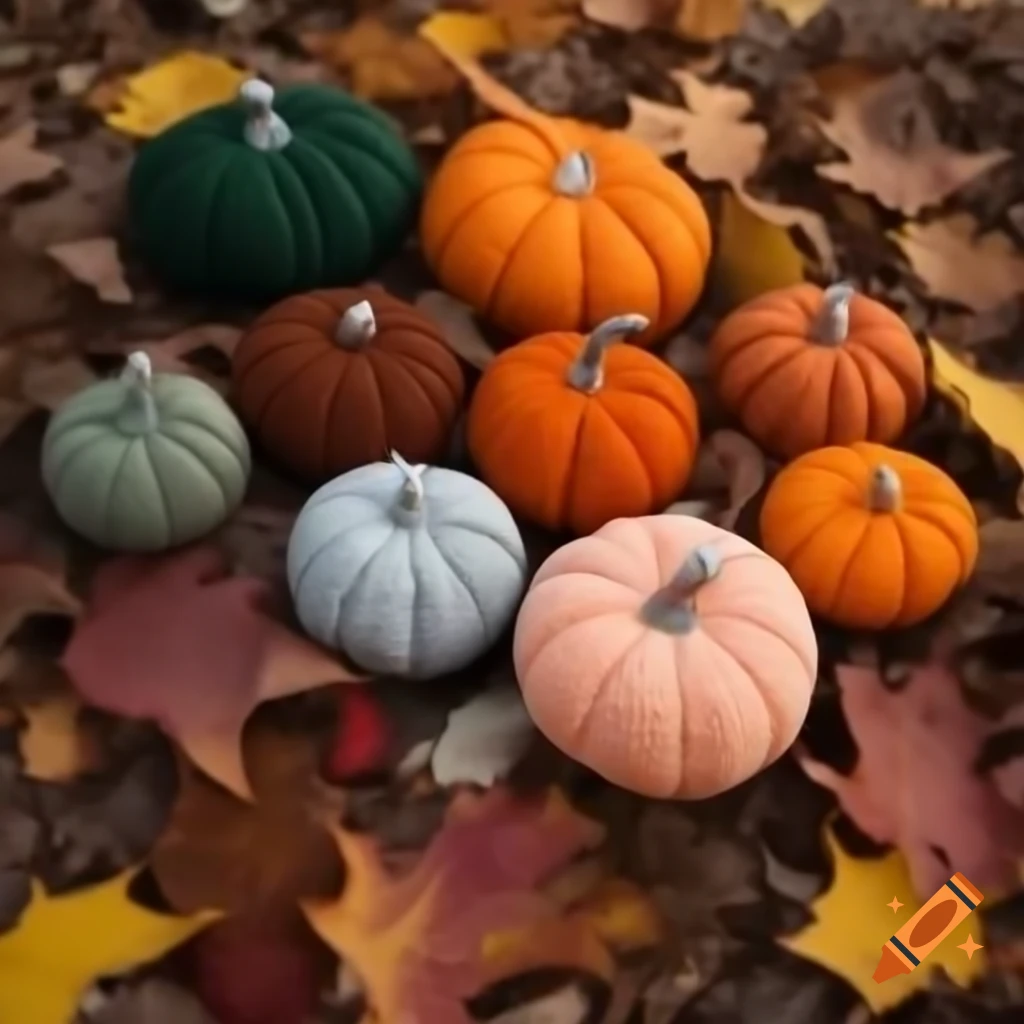 Cozy autumn scene with pumpkins, crochet, and steaming tea among fallen leaves