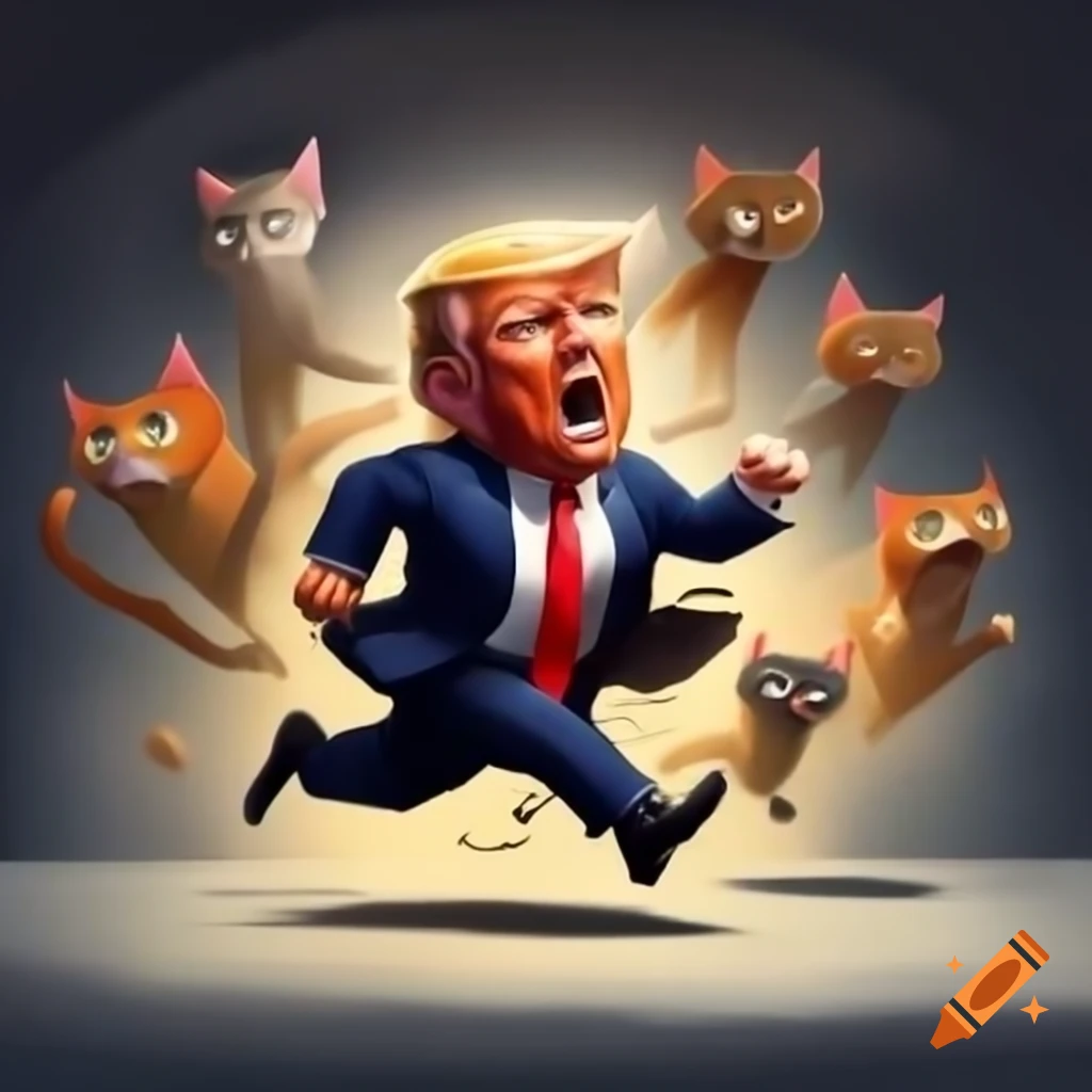 Trump fleeing from angry cats and dogs
